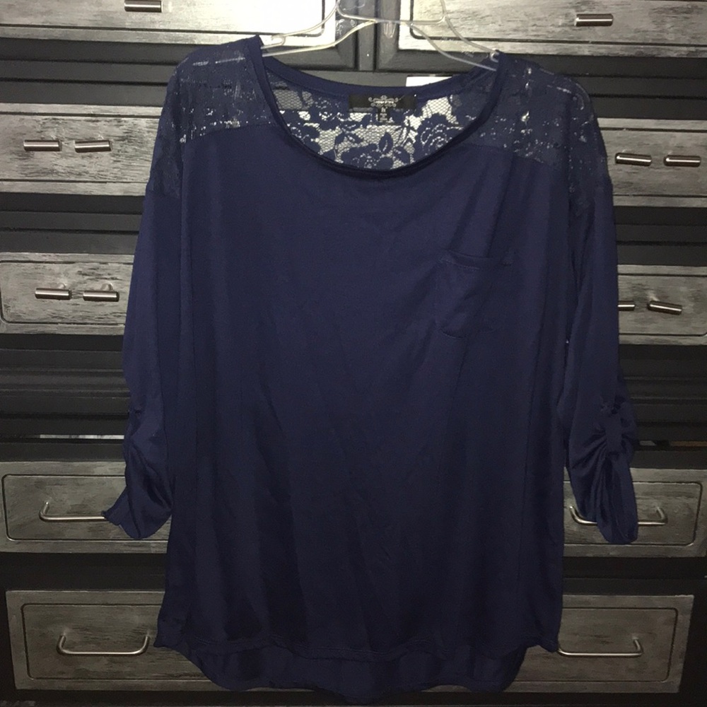 Navy adjustable length sleeve top with lace back